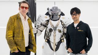 Hideo Kojima and Nicolas Cage posing in front of the Ludens statue.