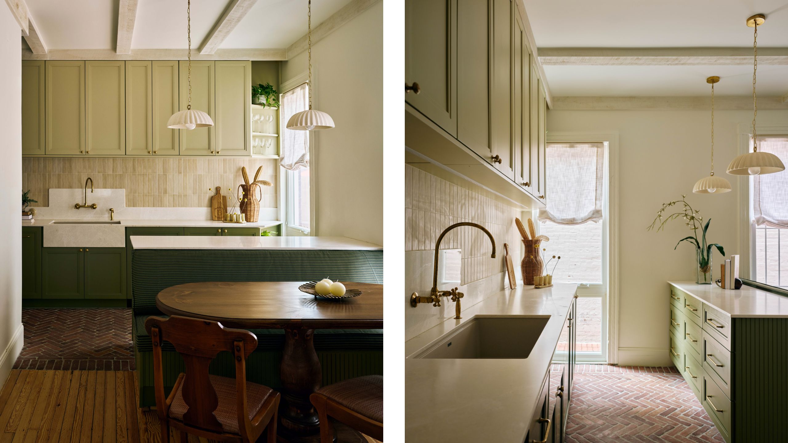 two side by side images of a soft sage green kitchen with two tone dark cabinets and island, brick herringbone floor and a small banquette area