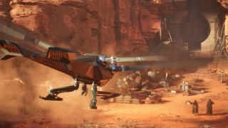 An ornithopter landing near people in the desert