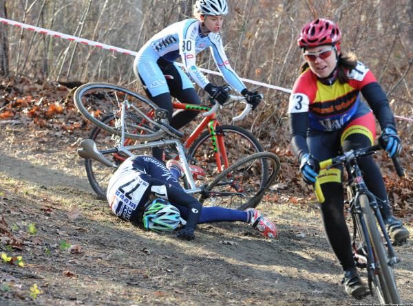 Allison Snooks (Minuteman Road Club) crashes on a descent.