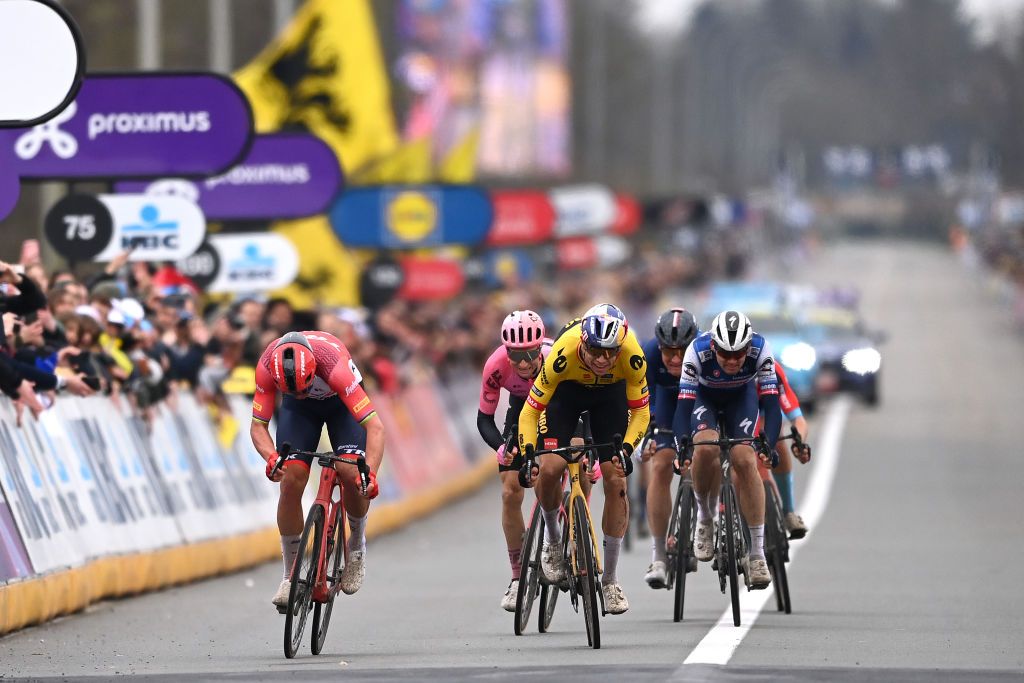 OUDENAARDE BELGIUM APRIL 02 LR Mads Pedersen of Denmark and Team TrekSegafredo Neilson Powless of The United States and Team EF EducationEasypost Wout Van Aert of Belgium and Team JumboVisma Stefan Kng of Switzerland and Team GroupamaFDJ and Kasper Asgreen of Denmark and Team Soudal QuickStep sprint at finish line during the 107th Ronde van Vlaanderen Tour des Flandres 2023 Mens Elite a 2734km one day race from Brugge to Oudenaarde UCIWT on April 02 2023 in Brugge Belgium Photo by Tim de WaeleGetty Images