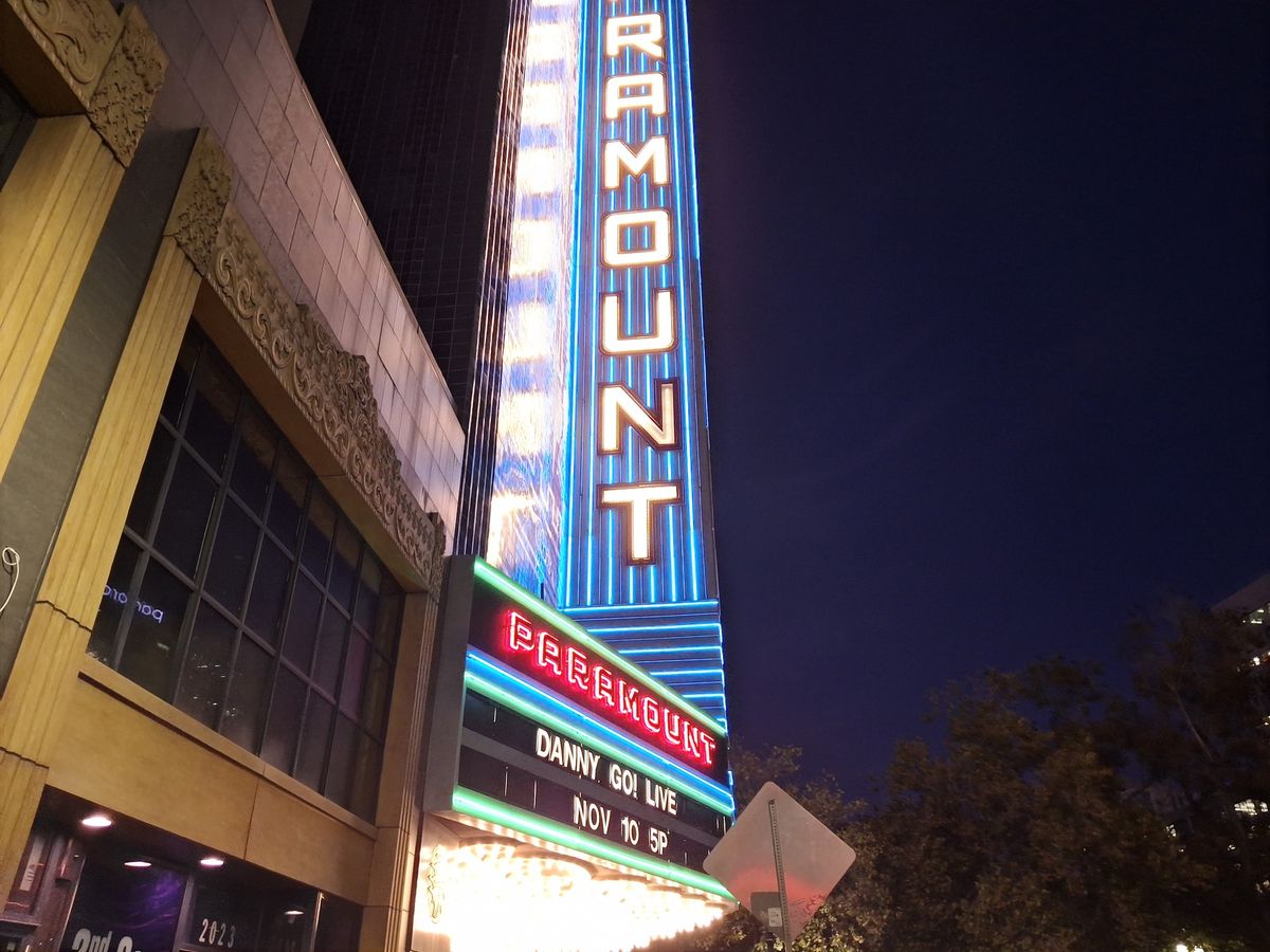 Paramount Theater marquee at Night shot by Galaxy A35