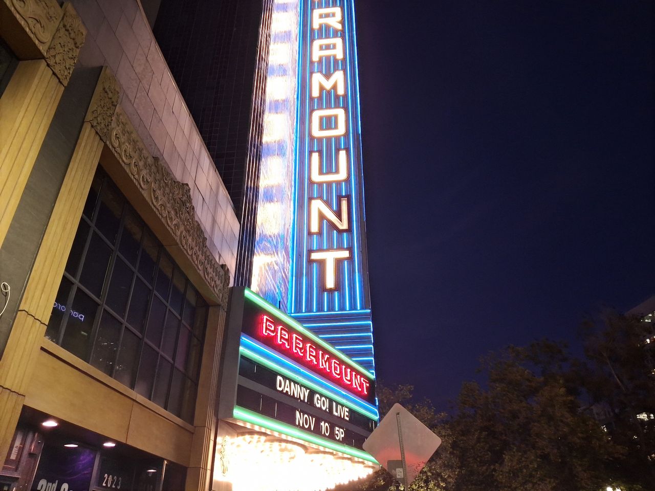 Paramount Theater marquee at Night shot by Galaxy A35