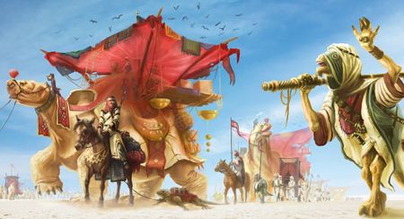 Aliens roam around a desert while a humanoid rides a horse in the background