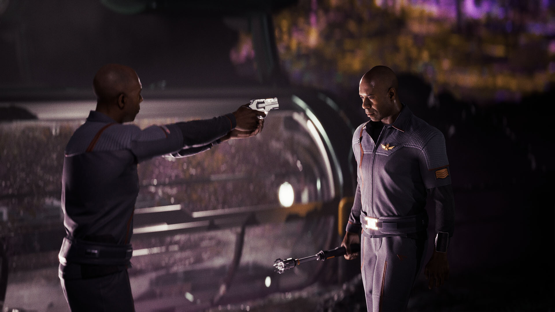 Directive 8020 screenshot showing a clone holding a handgun at themselves in a spaceship setting