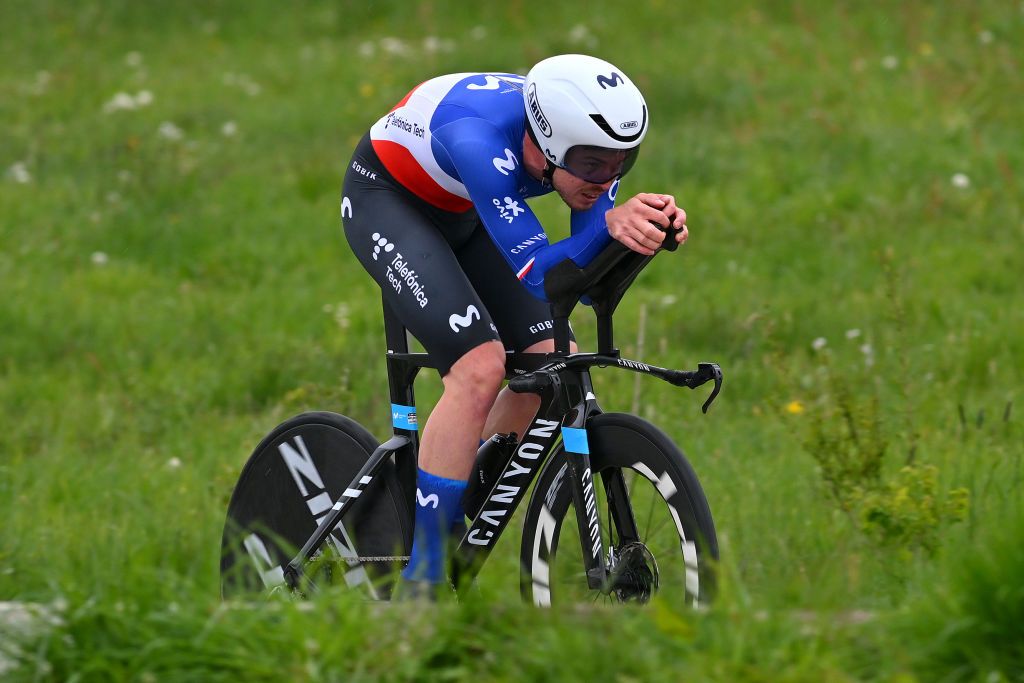 ORON SWITZERLAND APRIL 26 Remi Cavagna of France and Movistar Team sprints during the 77th Tour De Romandie 2024 Stage 3 a 155km individual time trial from Oron to Oron UCIWT on April 26 2024 in Oron Switzerland Photo by Luc ClaessenGetty Images
