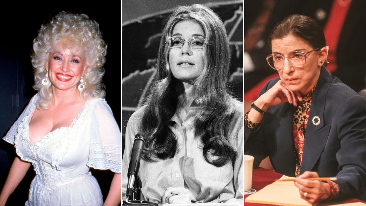 collage of gloria Steinem, dolly parton, and ruther bader ginsberg