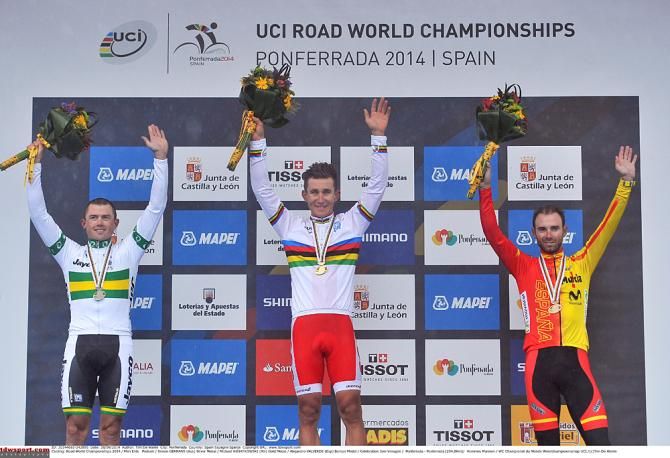 Simon Gerrans (Australia), Michal Kwiatkowski (Poland) and Alejandro Valverde (Spain)