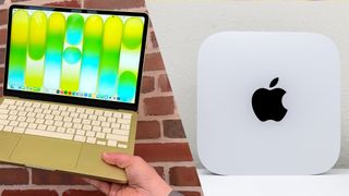 A side by side shot showing the MacBook Neo on the left and the Mac mini M4 on the right