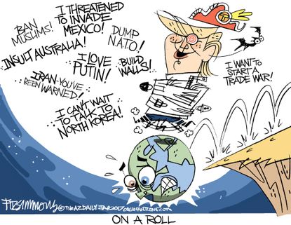 Political Cartoon U.S. Donald Trump foreign policy Muslim Ban Iran Mexico Wall Australia