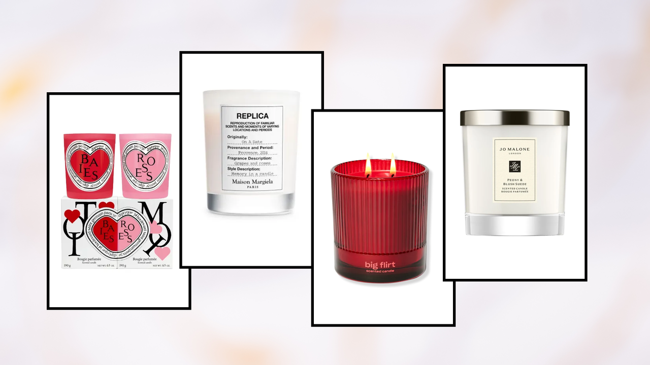 Product collage of Diptyque Classic Candles (Valentine’s Day Edition) - Baies and Roses, Maison Margiela Replica on a Date Scented Candle 5.8 Oz., Snif Big Flirt Scented Candle, Jo Malone London Peony &amp; Blush Suede Scented Home Candle on white squares with black borders on a pink, white, grey, and orange gradient background