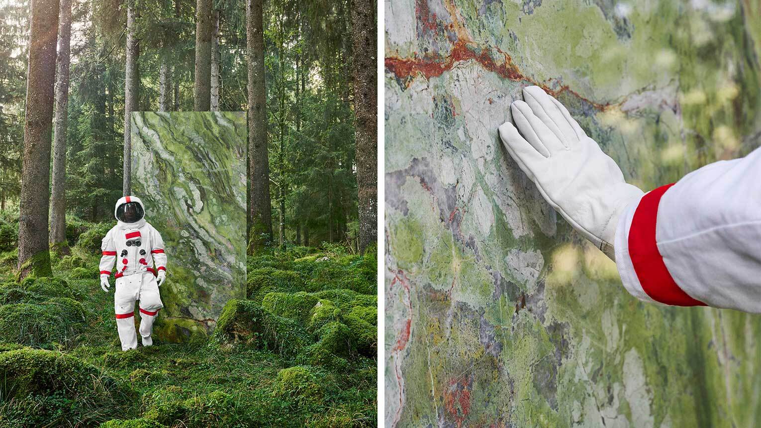 space man in forest on earth beside slab of FMG ceramics from Live New Worlds campaign