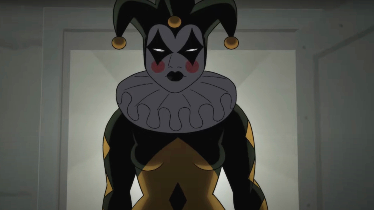 Harley Quinn stems down a darker hall with a serious expression in Batman: Caped Crusader.