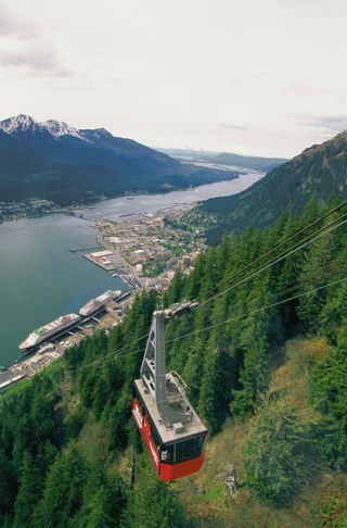 Mount Roberts Tramway heading up the mountain in Juneau