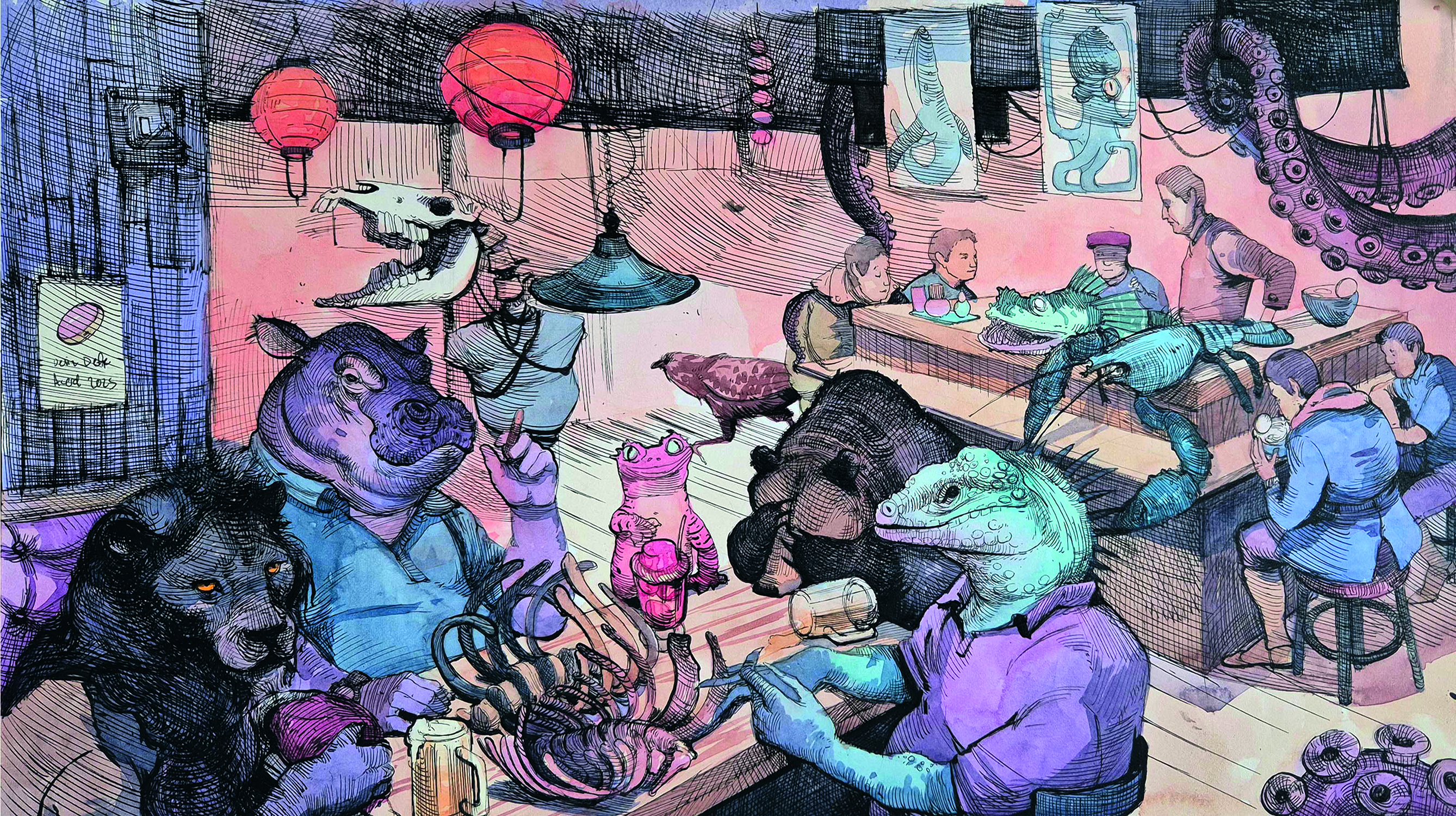 Detailed vibrant art showing a fantasy wildlife scene with various anthropomorphic animal figures eating at a tavern