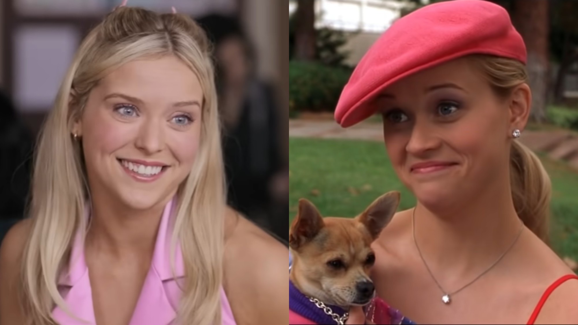 Lexi Minetree as Elle Woods in Elle and Reese Witherspoon holding a dog while playing Elle Woods in Legally Blonde. 