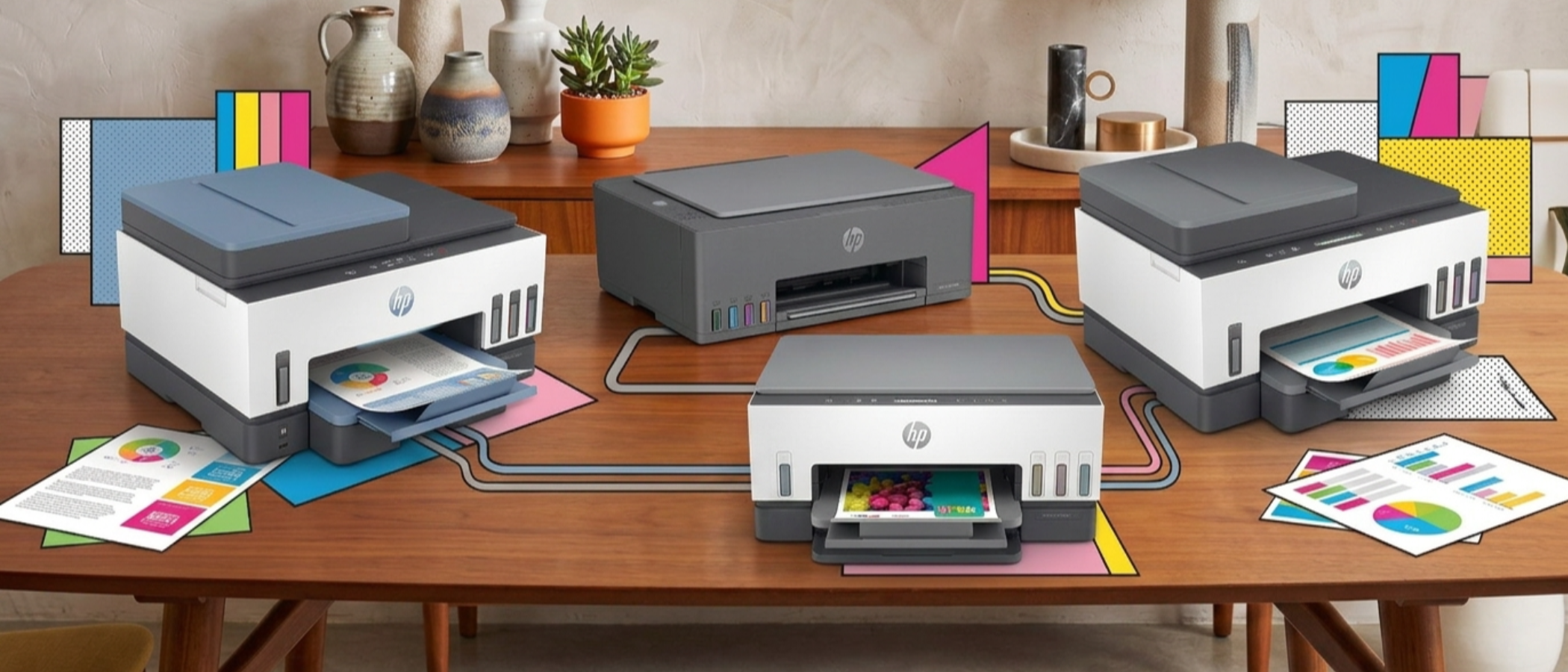 A selection of HP Smart Tank printers on a table in a brightly lit home