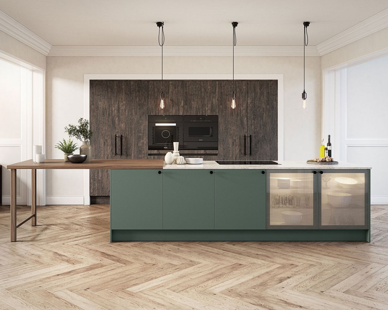 Charred wood kitchen cabinets with olive green island and mixed wood surfaces