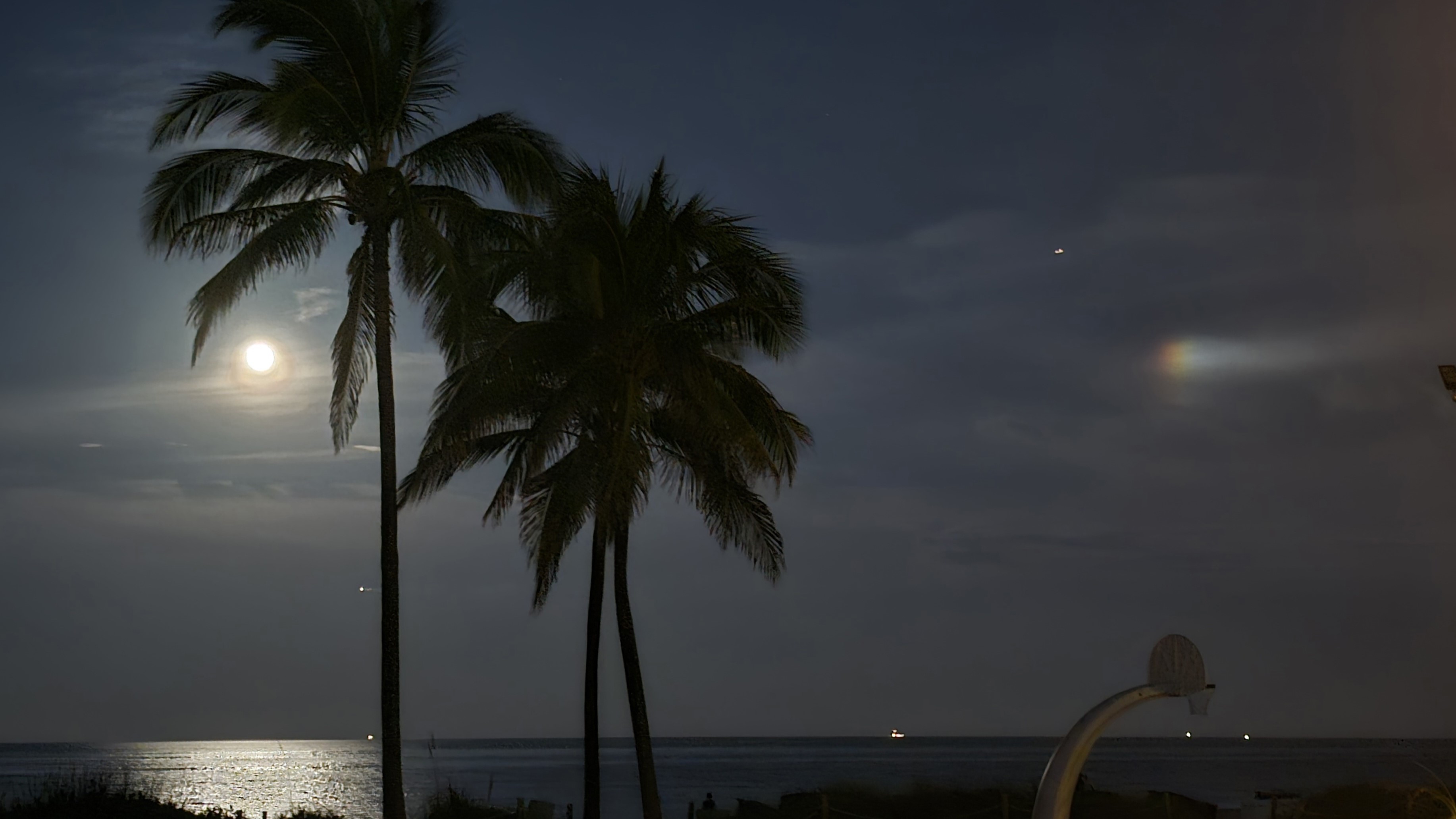 A full moon shines brightly in the distance on the left and a small rainbow appears on the right of the image, and there are three palm trees in the foreground.