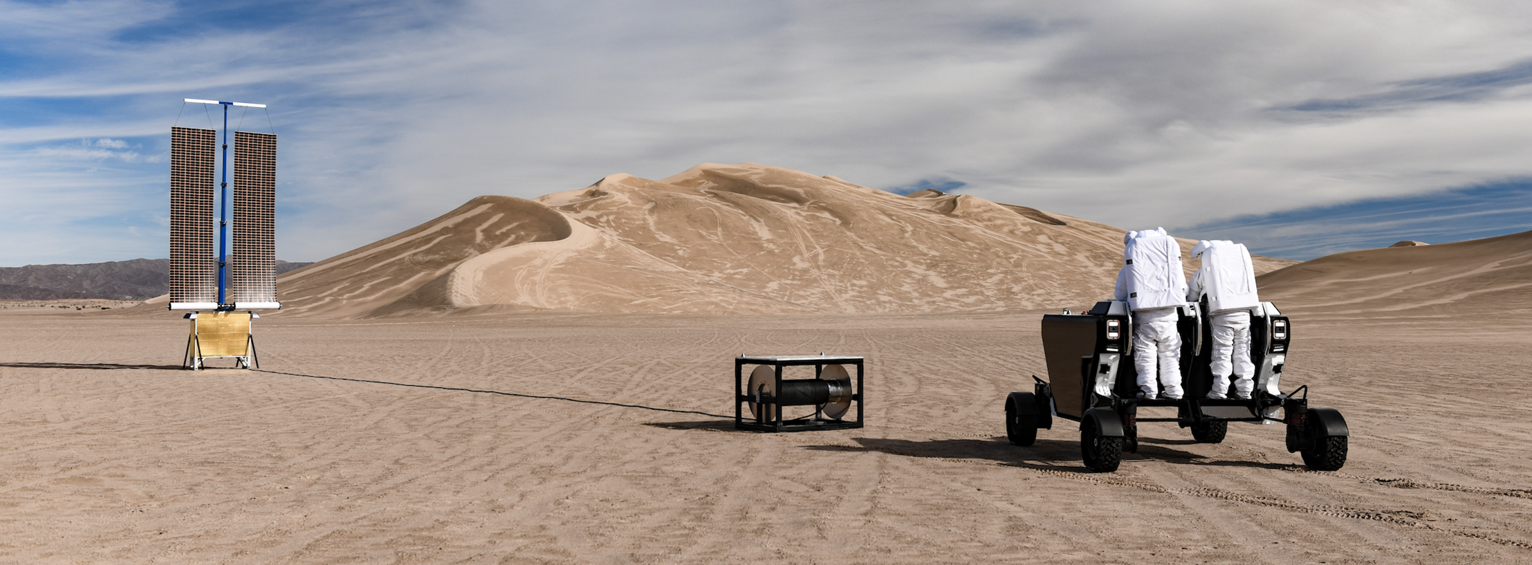 A panoramic view of Venturi Astrolab's Flexible Logistics and Exploration (FLEX) rover with potential lunar hardware.