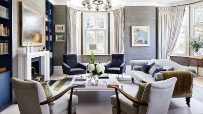 grey and pastel blue living room