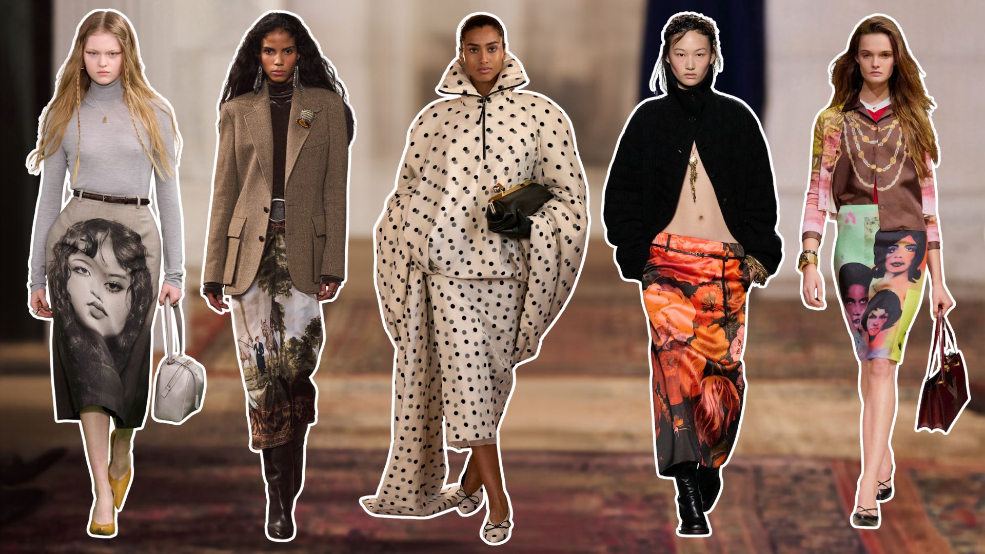 A collage of the key printed skirt trends for autumn 2026. 