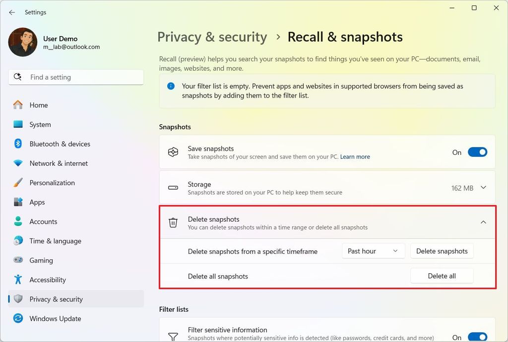 Windows Recall delete snapshots
