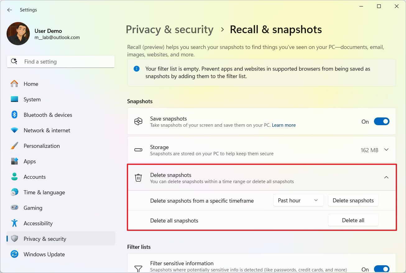 Windows Recall delete snapshots