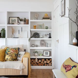 White living room with built in bookshelves behind sofa