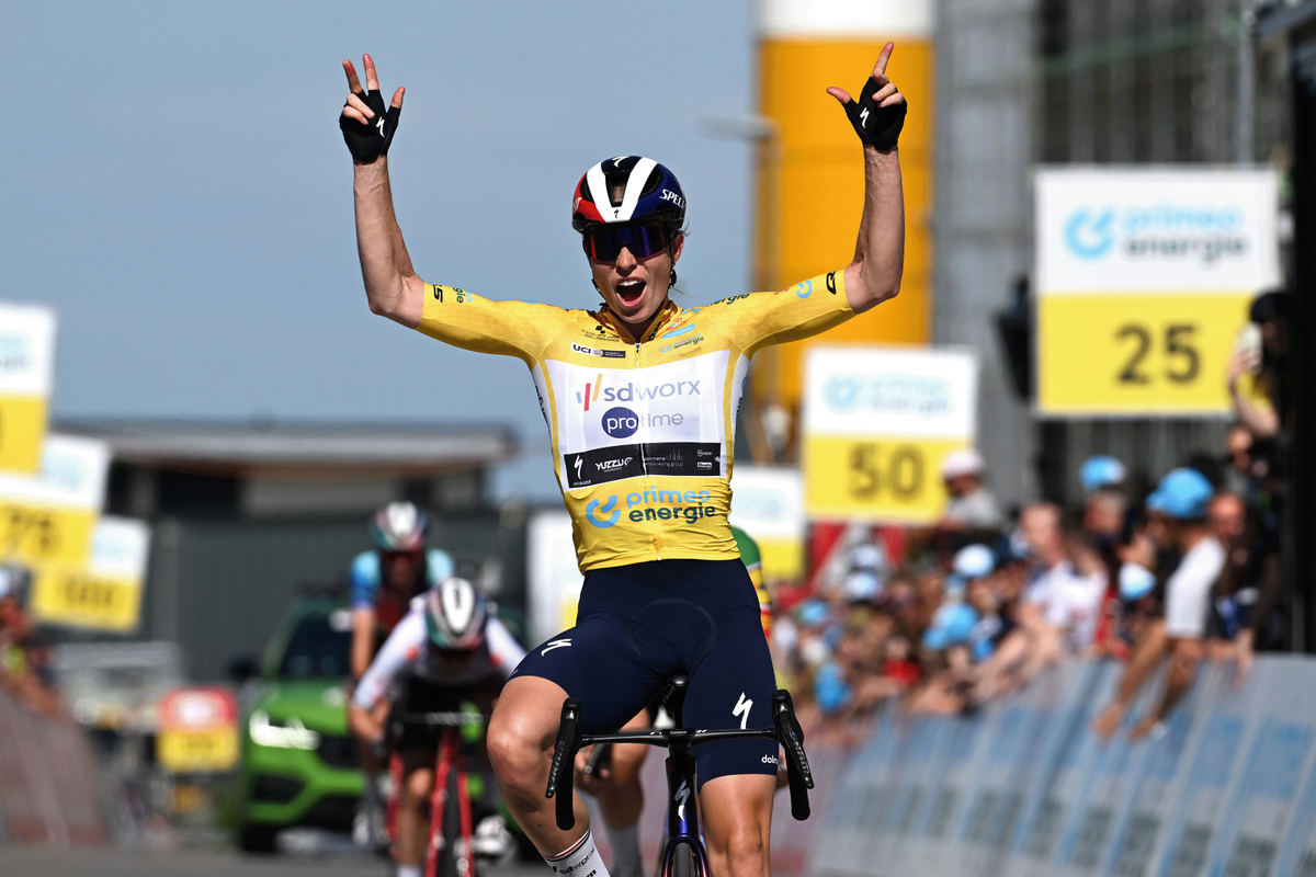 CHAMPAGNE, SWITZERLAND - JUNE 18: Demi Vollering of The Netherlands and Team SD Worx-Protime - Yellow Leader Jersey celebrates at finish line as stage winner during the 4th Tour de Suisse Women 2024, Stage 4 a 127.5km stage from Champagne to Champagne / #UCIWWT / on June 18, 2024 in Champagne, Switzerland. (Photo by Tim de Waele/Getty Images)