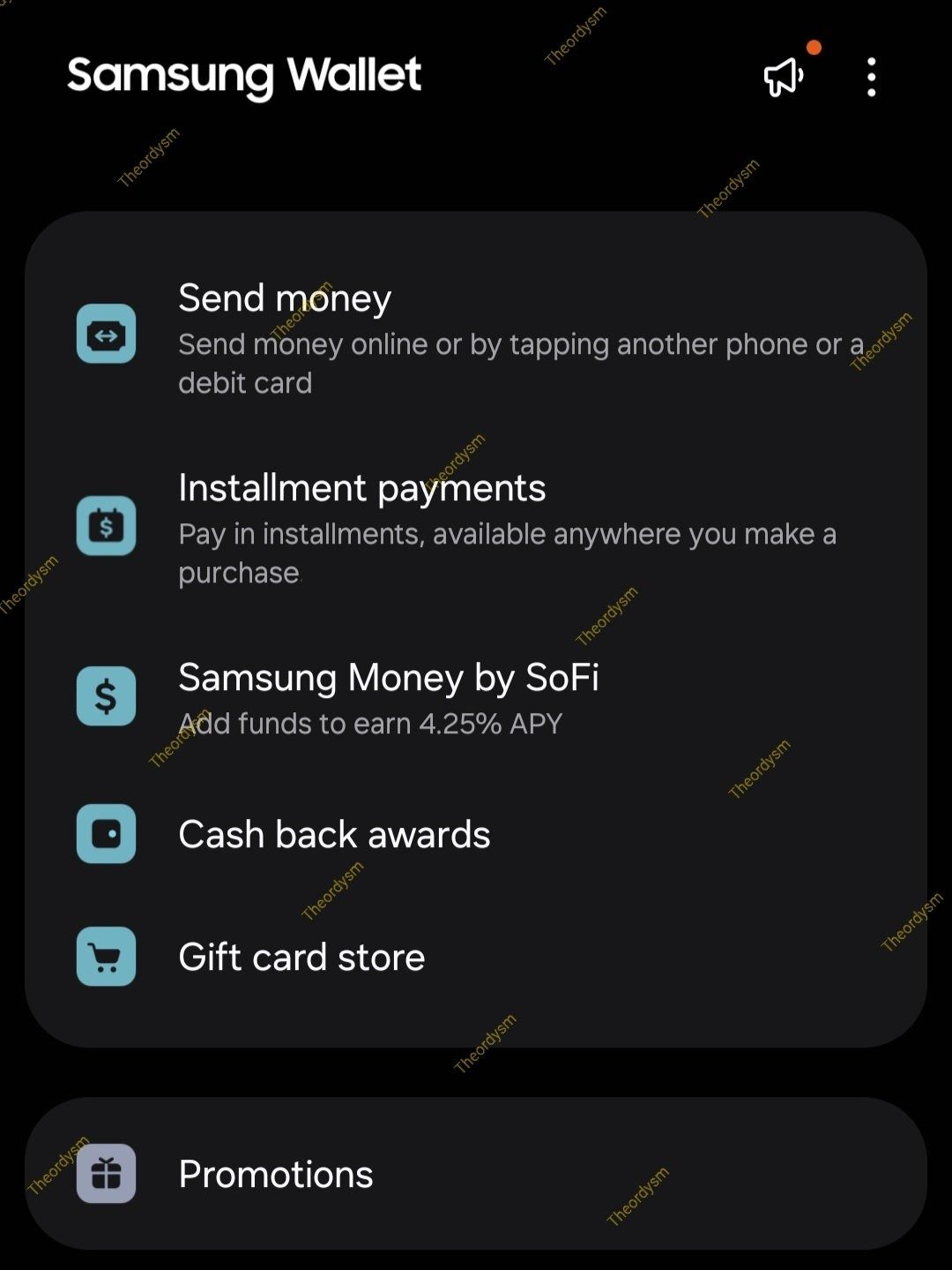 Samsung Wallet send money and installment payment options