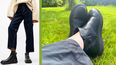 A lifestyle shot of FitFlop boots and writer Heidi Scrimgeour wearing them with a maxi skirt on a sunny day