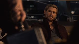 Steve Rogers attempts to lift Thor's hammer in Avengers: Age of Ultron