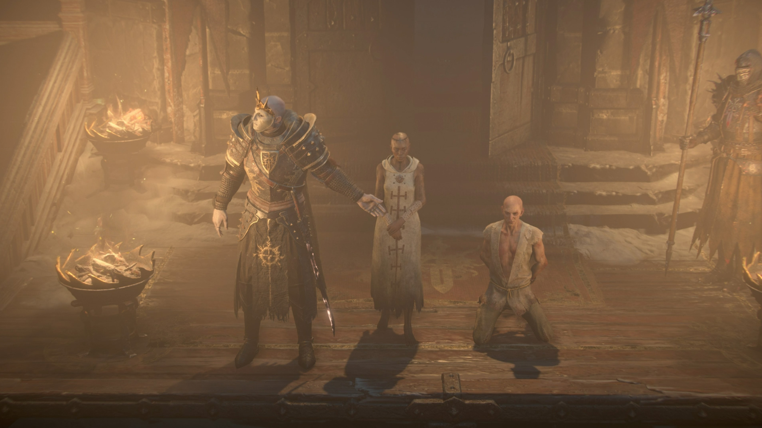 Diablo 4 boss loot tables - Urivar making an example out of a prisoner outside of the church.