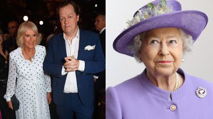 Queen Camilla wearing a white polka dot dress standing next to Tom Parker Bowles and a picture of Queen Elizabeth wearing a purple coat and brooch with a purple floral-topped hat