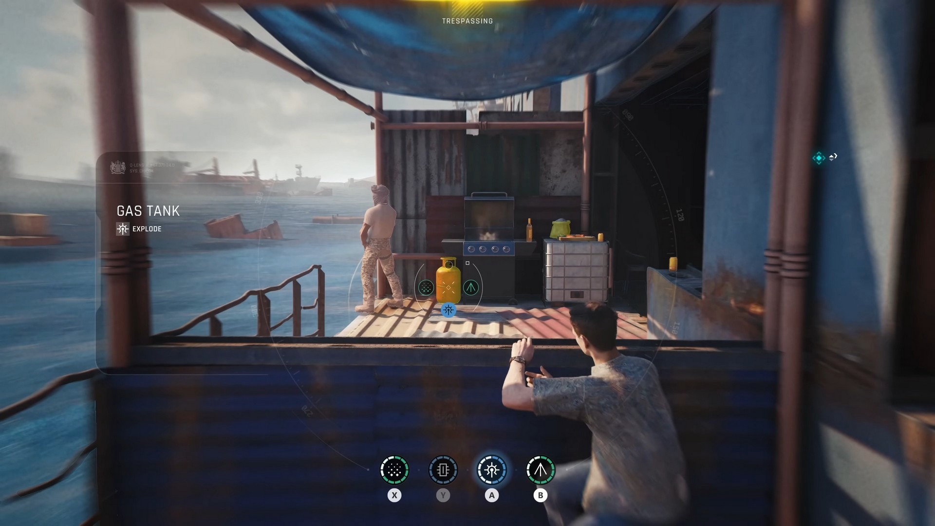 James Bond aims at an explosive barrel in 007 First Light as a guard takes a break on a platform near the sea