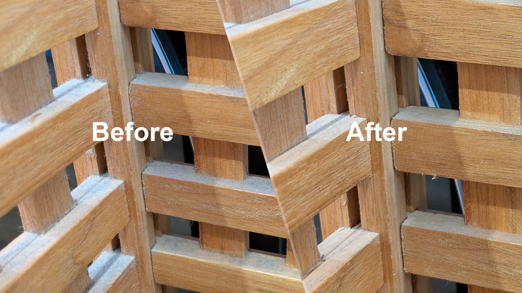 Before and after using an air duster to clean a laundry basket
