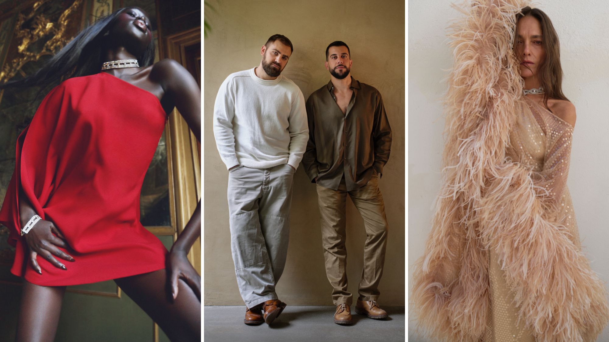 a collage of taller marmo founders Riccardo Audisio and Yago Goicoechea and model images from a brand campaign