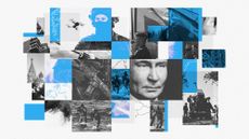 Photo composite illustration of Vladimir Putin, NATO soldiers, damaged buildings in Ukraine and a map of Europe