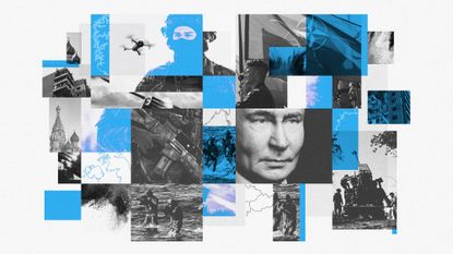 Photo composite illustration of Vladimir Putin, NATO soldiers, damaged buildings in Ukraine and a map of Europe