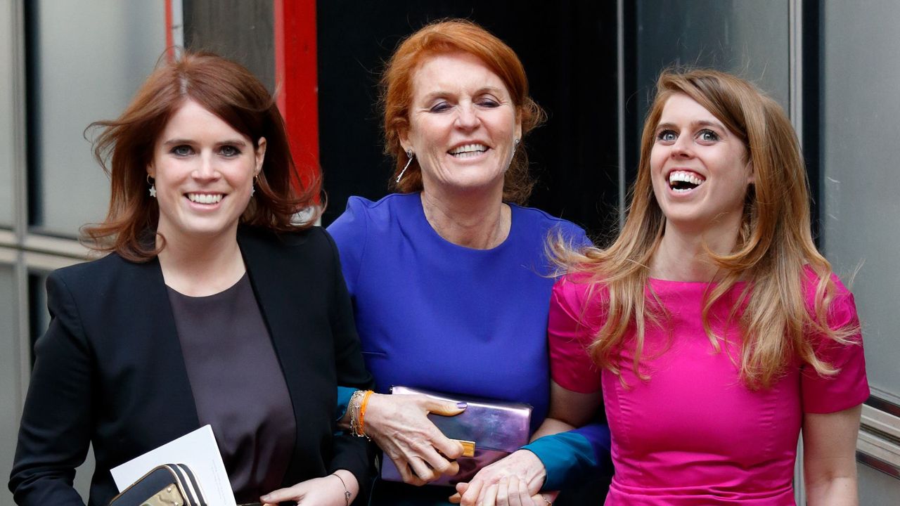 Sarah, Duchess of York, with daughters Princess Beatrice and Princess Eugenie attend the wedding of Petra Palumbo and Simon Fraser, Lord Lovat in 2016