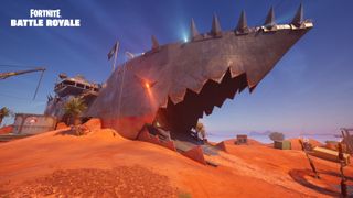 A wrecked ship turned into a metal shark in the sandswetp biome of Fortnite's island as part of Fortnite chapter 5 season 3