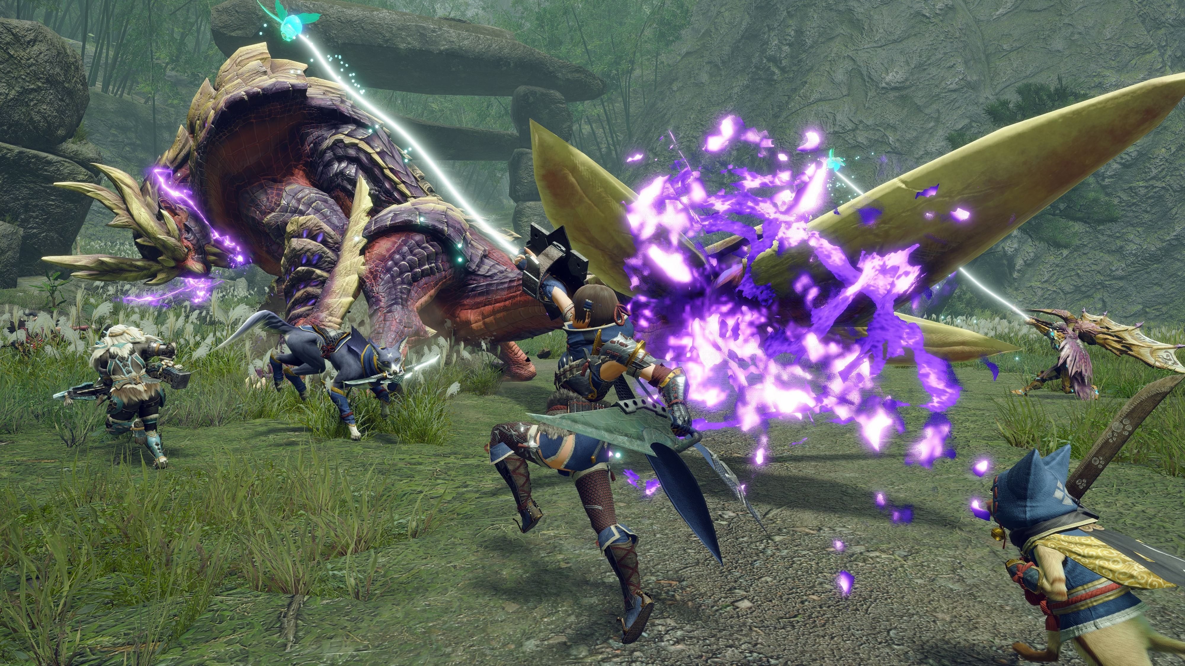 Promotional screenshot of hunters fighting Magnamalo in Monster Hunter Rise