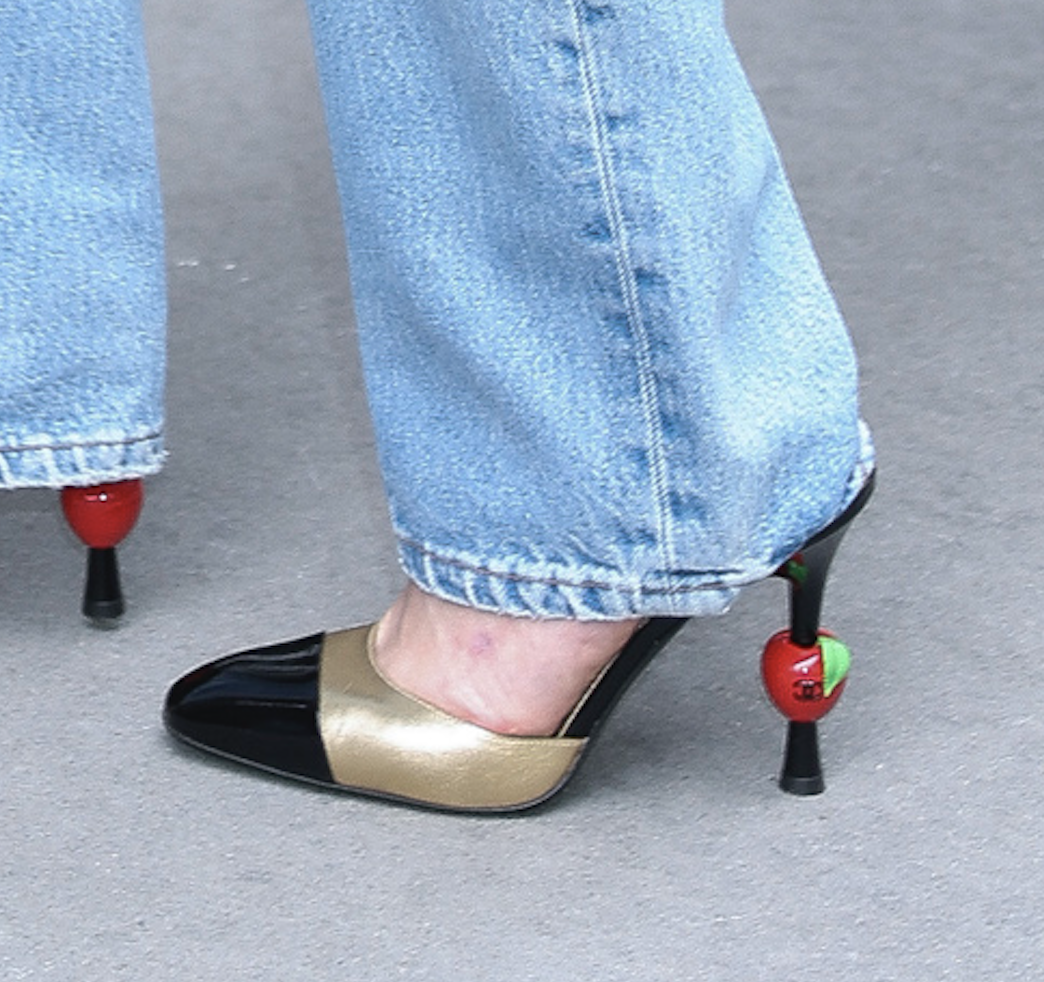 close-up of Sarah Pidgeon's Chanel strawberry heels