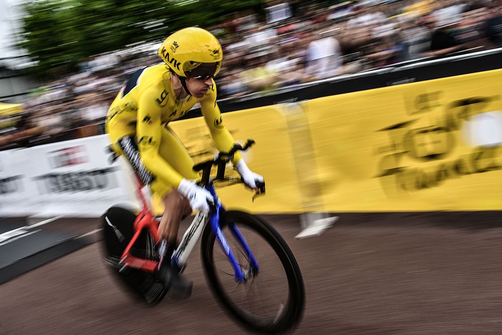 Geraint Thomas (Team Sky) on his way to securing the yellow jersey at the Tour de France