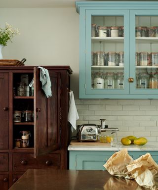 devol kitchens sky blue traditional english kitchen with glass fronted cabinets