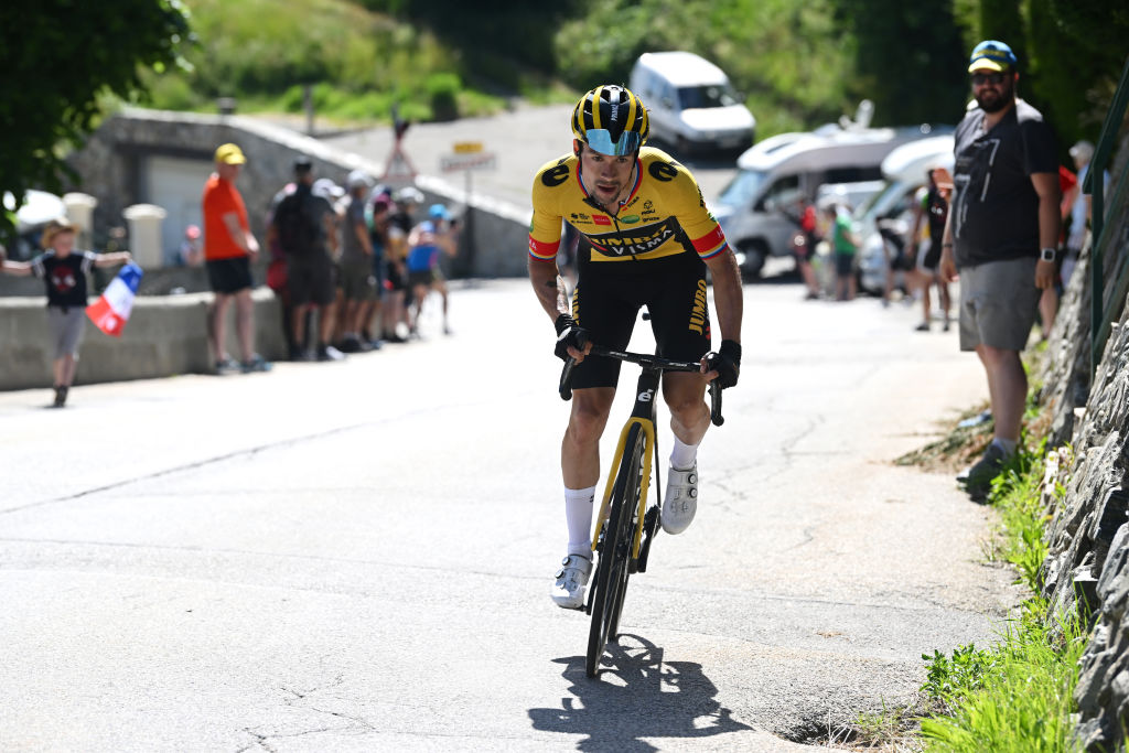 VAUJANY FRANCE JUNE 11 Primoz Roglic of Slovenia and Team Jumbo Visma attacks to takes the overall classification during the 74th Criterium du Dauphine 2022 Stage 7 a 1348km stage from SaintChaffrey to Vaujany 1230m WorldTour Dauphin on June 11 2022 in Vaujany France Photo by Dario BelingheriGetty Images
