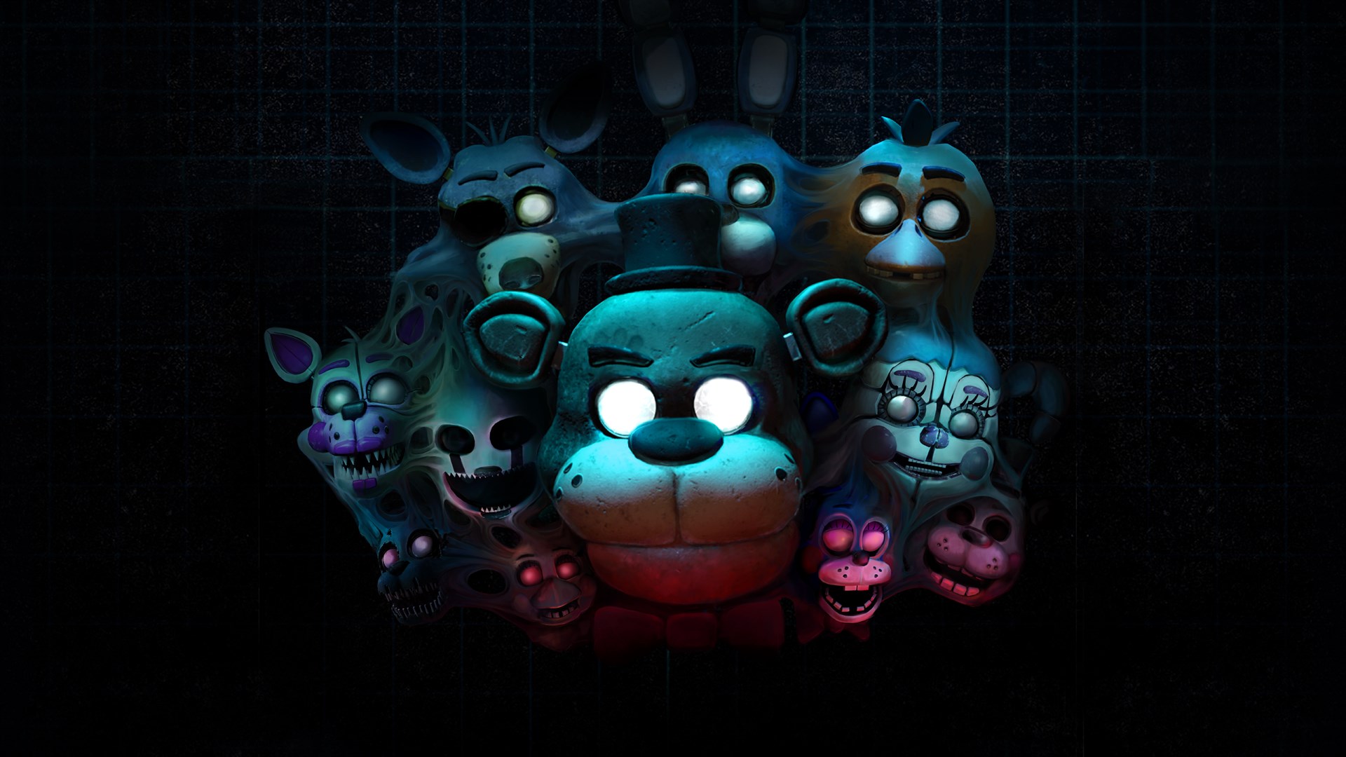 Five Night's at Freddy's animatronic heads all melding into one on a black background