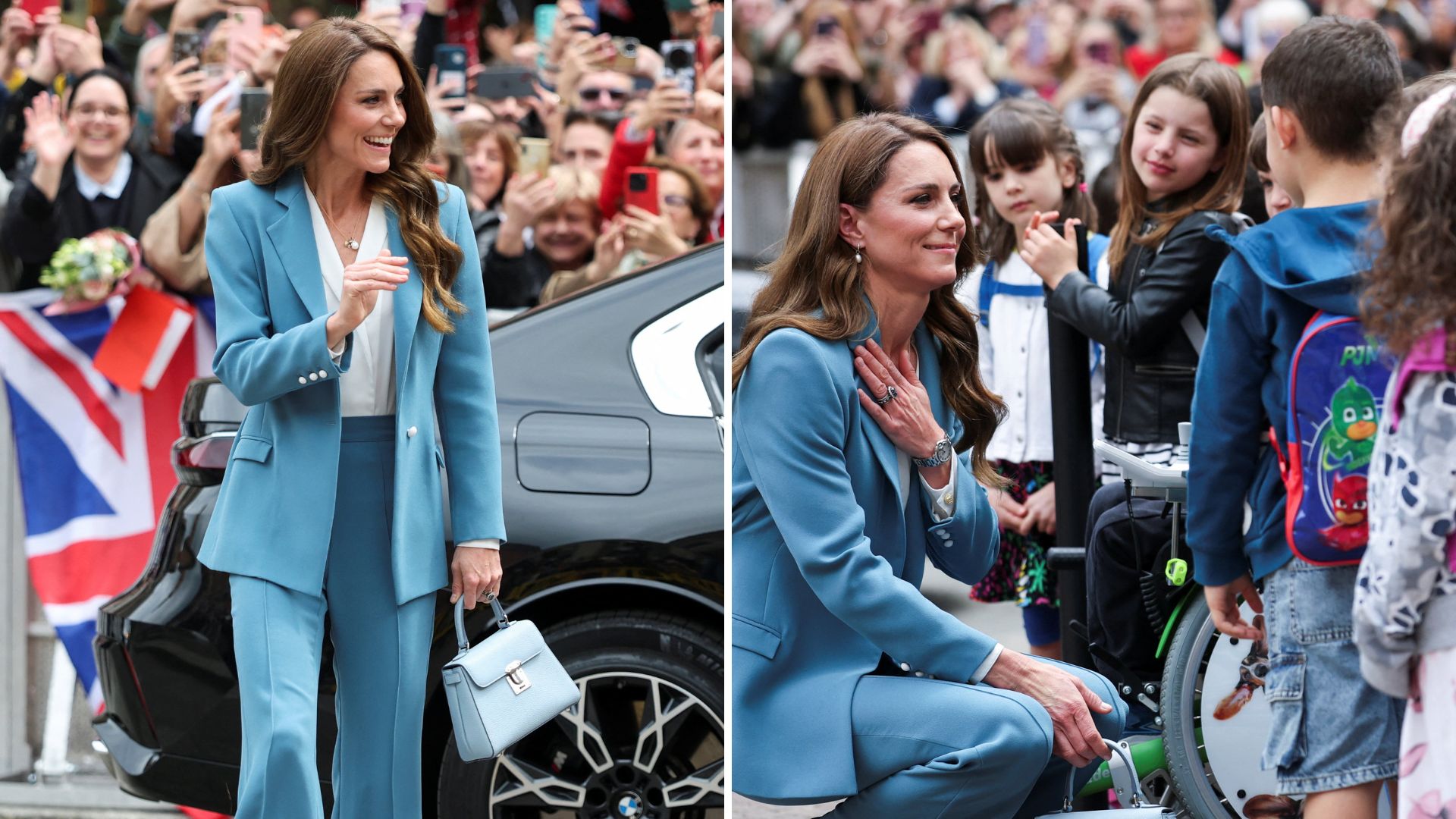 A comp image of Catherine, Princess of Wales, as she arrives at the city hall during the first day of her visit to Reggio Emilia on May 13, 2026