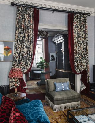 Traditional living room with curtains used as a divider